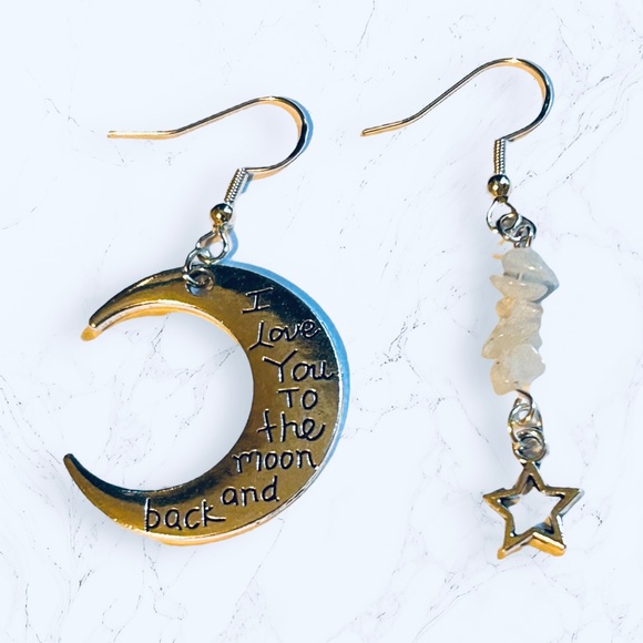 Hand Crafted Jewelry - Handmade Earrings Moon Star Rainbow Moonstone Dangle Pierced Love Mother’s Day